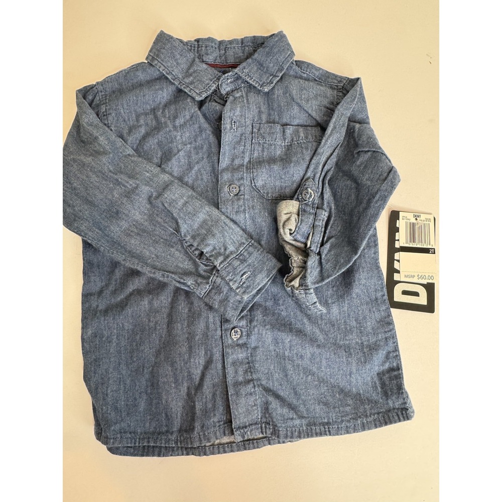 DKNY Shirt Boys 2T Blue Chambray Denim Button Up Long Sleeve Pocket New Tag